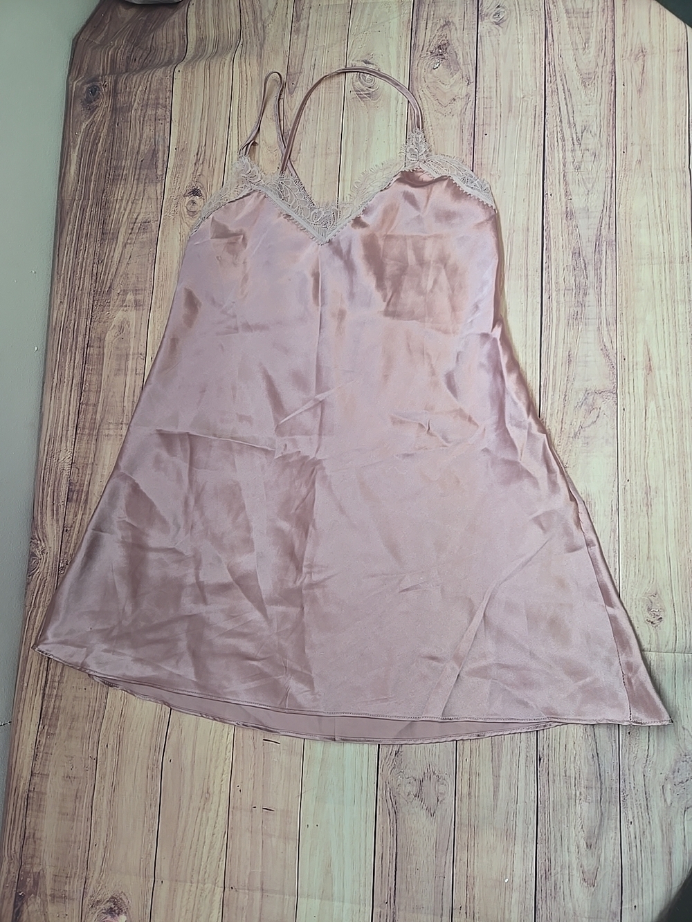 Lace-Trim Satin Slip Chemise in Dusty Rose
